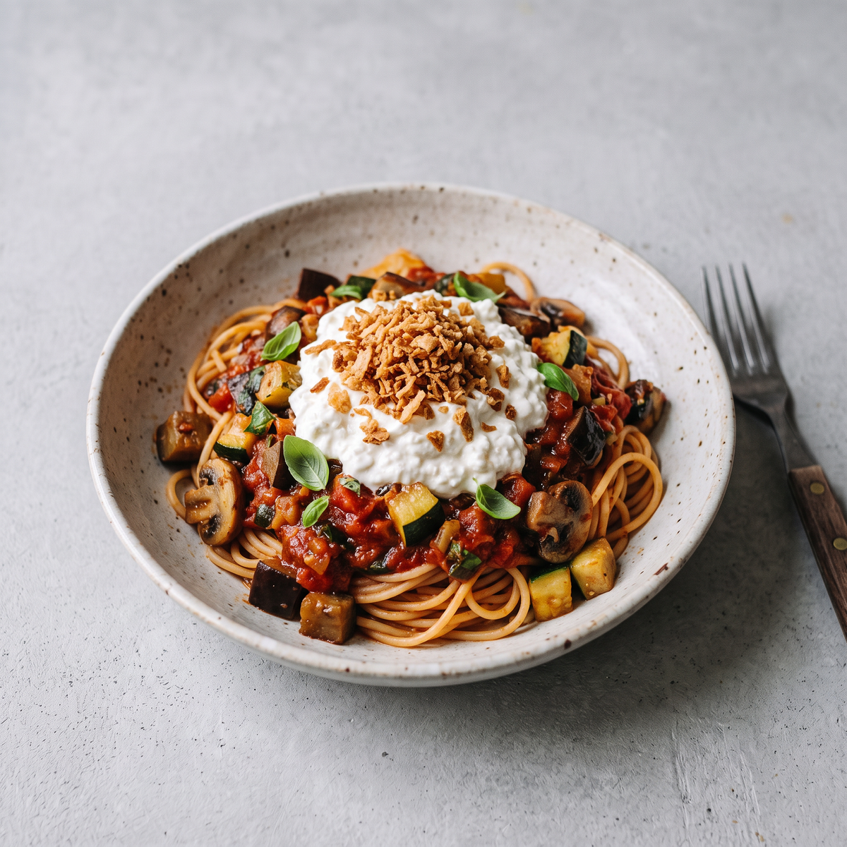 Bord spaghetti met tomaat-groentesaus, een romige burratacrème en een crumble van krokante ajuintjes