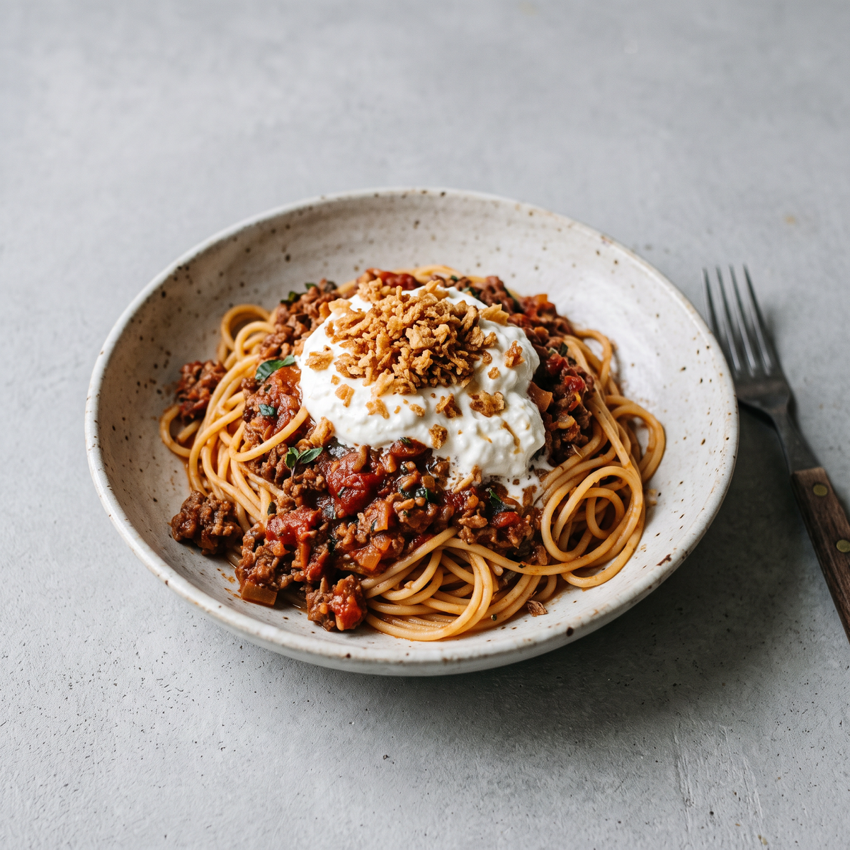 Bord spaghetti met bolognaisesaus, een romige burratacrème en een crumble van krokante ajuintjes