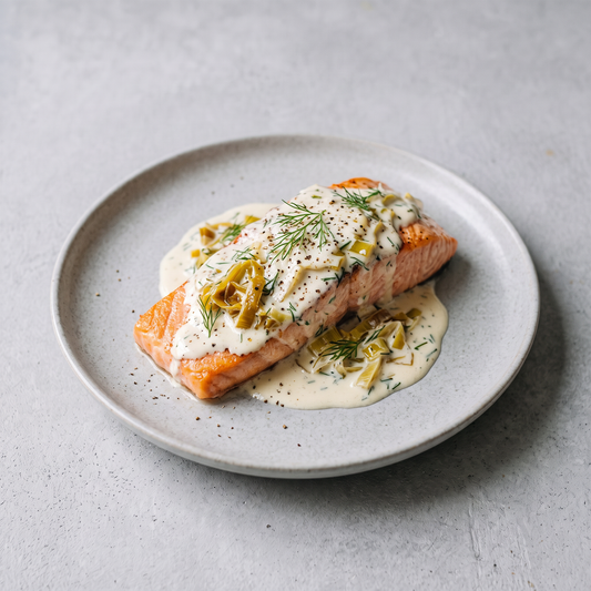 Gebakken zalmfilet met een romige witte saus, gestoofde prei en verse dille