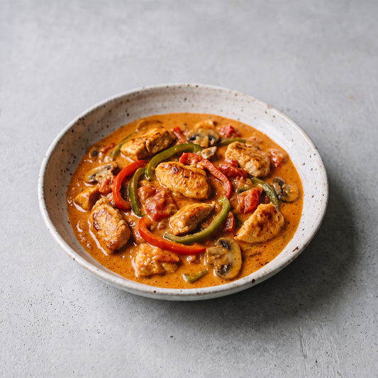 Bord kip stroganoff met een romige saus, paprika, tomaat en champignons